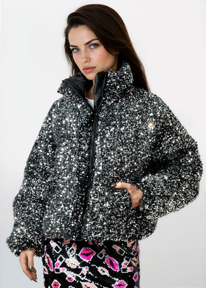 Sequin Puffer Bomber Jacket