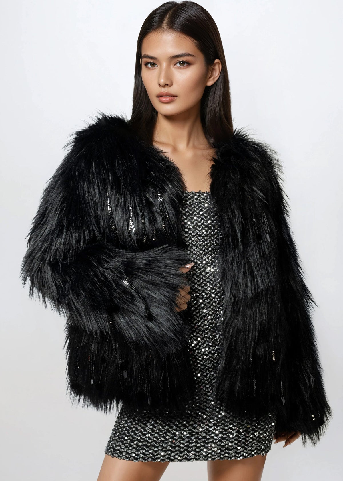 Sequin Tassel Faux Fur Coat