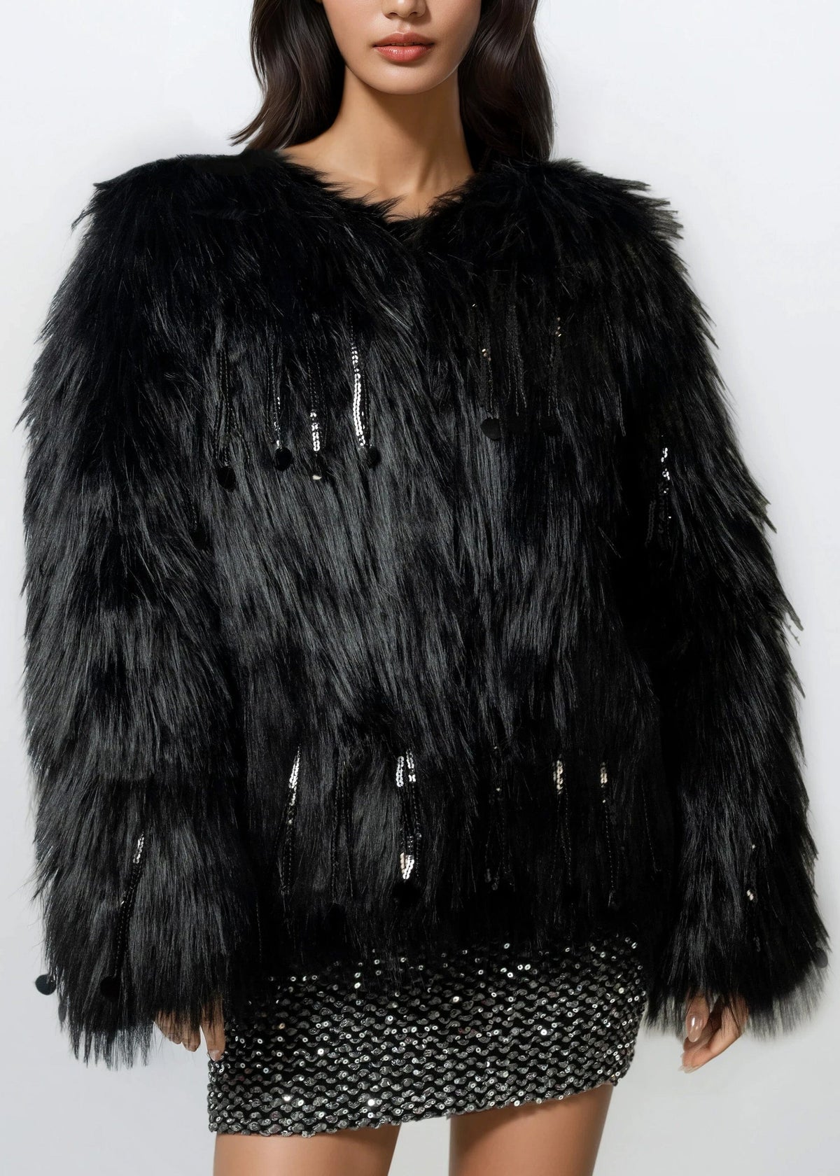 Sequin Tassel Faux Fur Coat