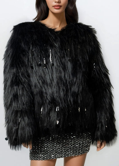Sequin Tassel Faux Fur Coat