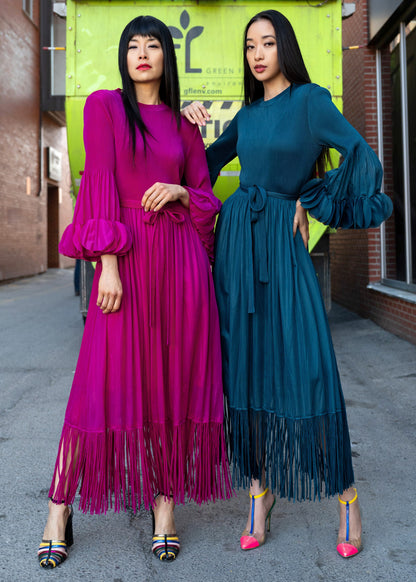 Tassel Hem Belted Pleated Dress