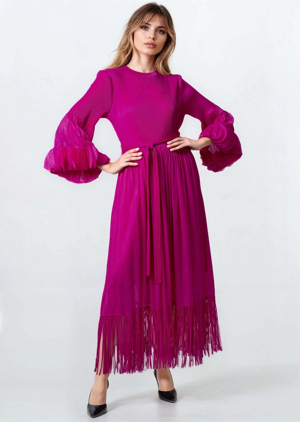 Tassel Hem Belted Pleated Dress