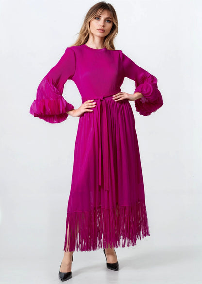 Tassel Hem Belted Pleated Dress