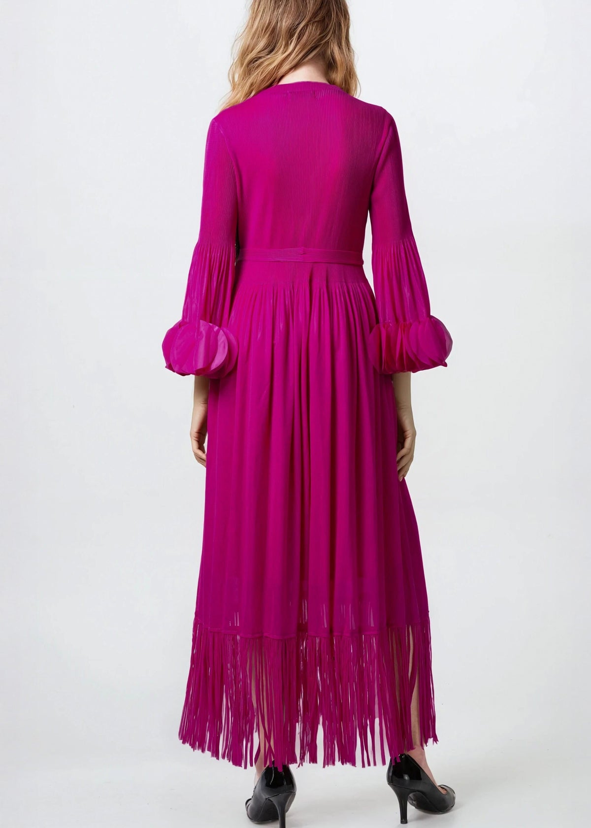 Tassel Hem Belted Pleated Dress