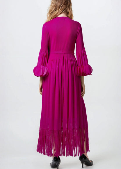 Tassel Hem Belted Pleated Dress