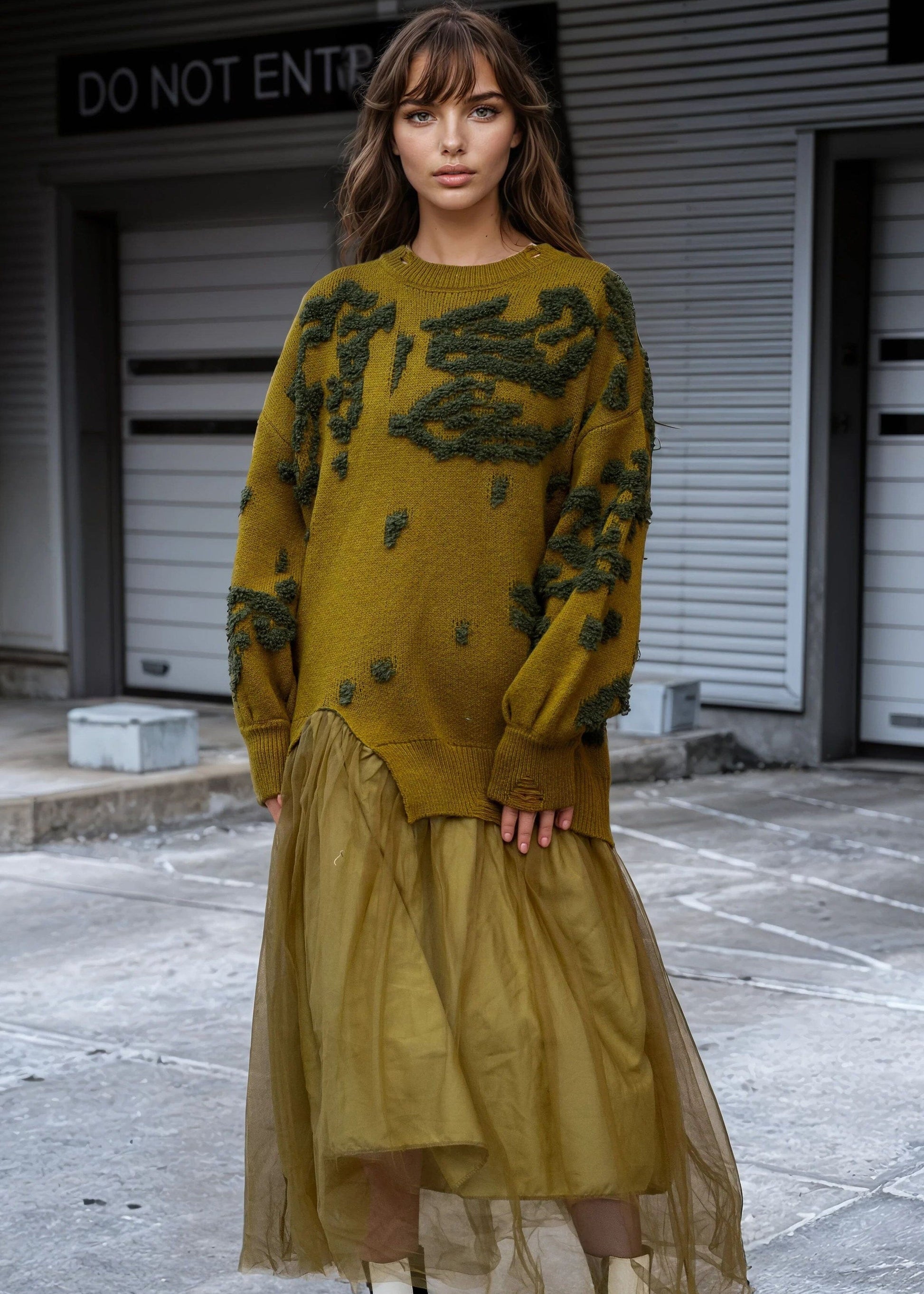 Textured Knit Tulle Sweater Dress
