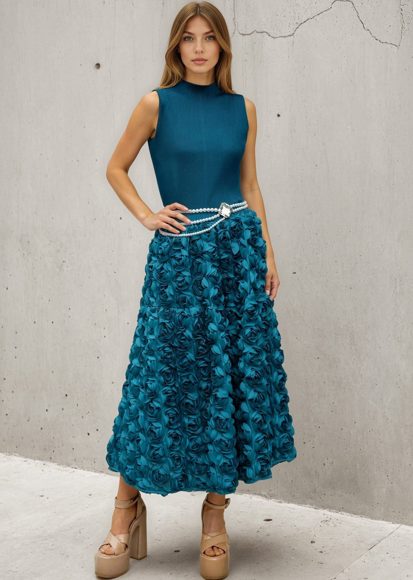 Textured Rose Midi Skirt