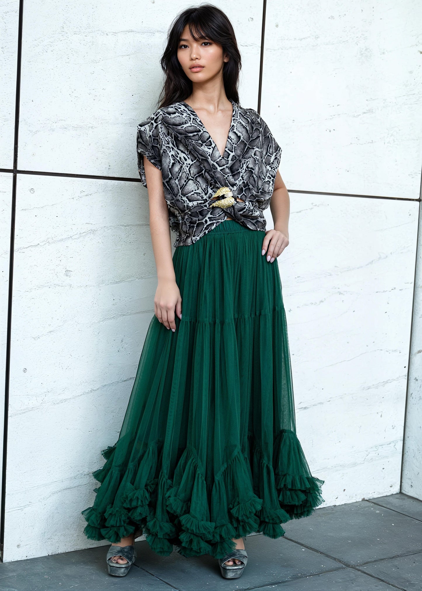 Tiered Hem Maxi Tulle Skirt
