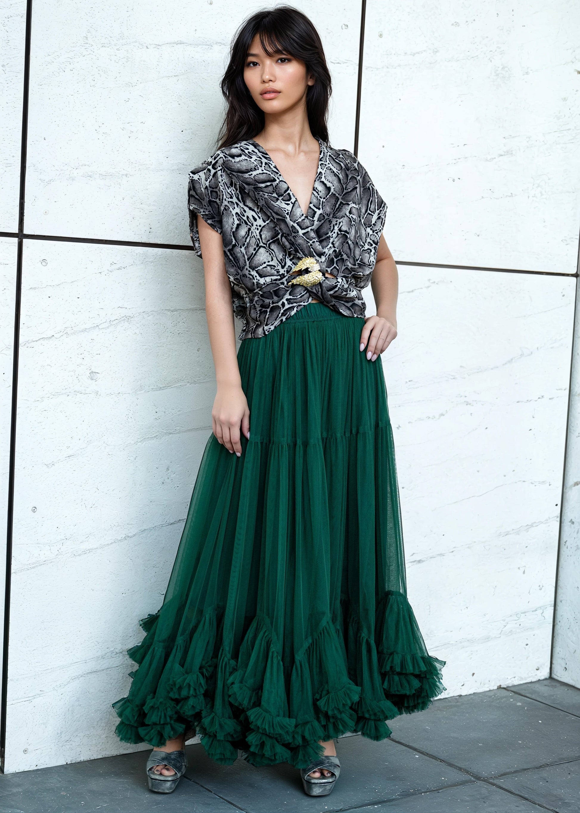 Tiered Hem Maxi Tulle Skirt