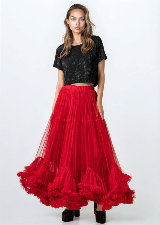 Tiered Hem Maxi Tulle Skirt