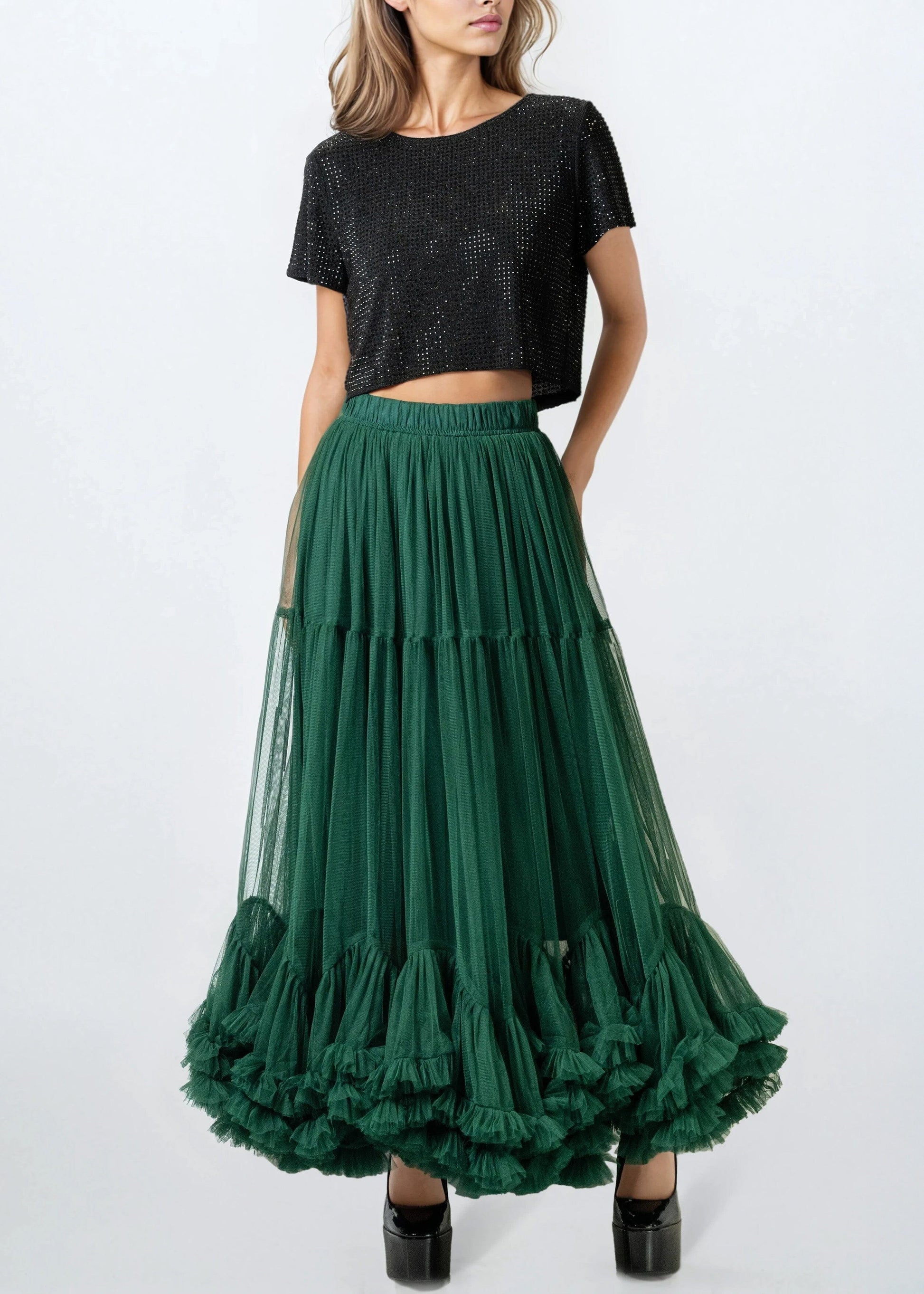 Tiered Hem Maxi Tulle Skirt