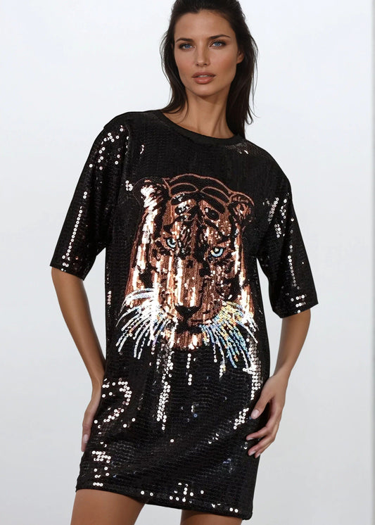Tiger Head Sequin Tee Dress