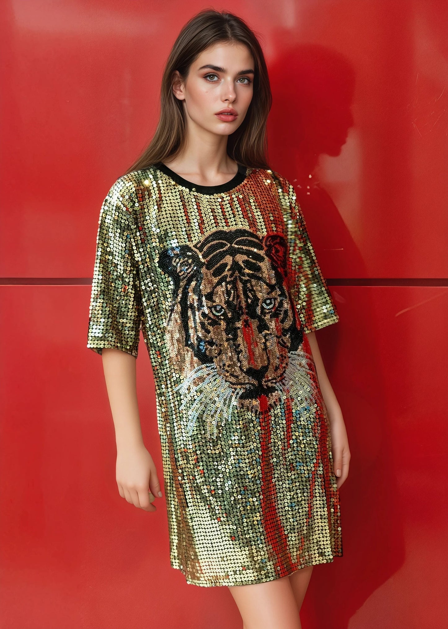 Tiger Head Sequin Tee Dress