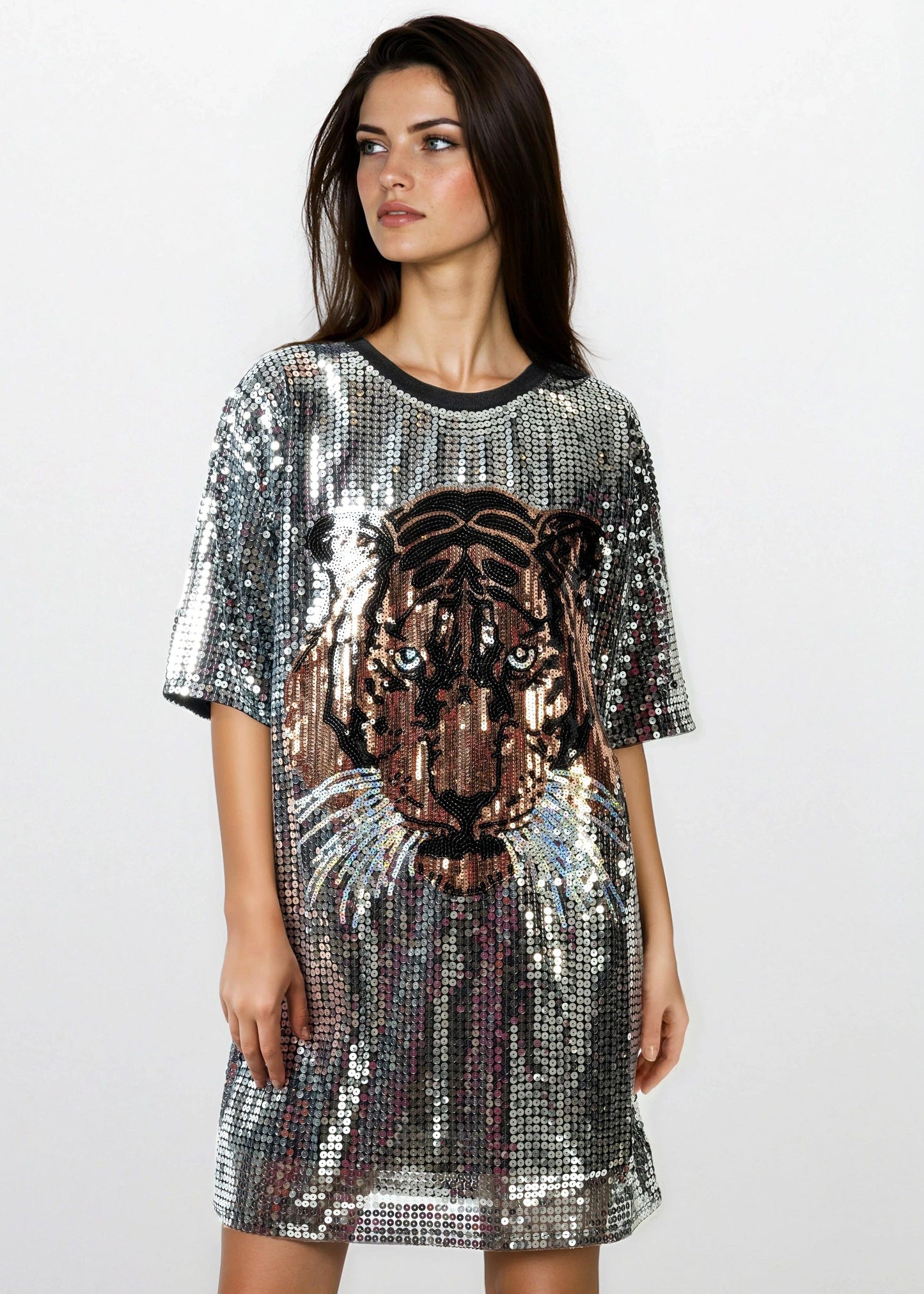 Tiger Head Sequin Tee Dress