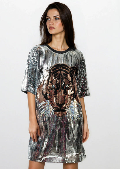 Tiger Head Sequin Tee Dress